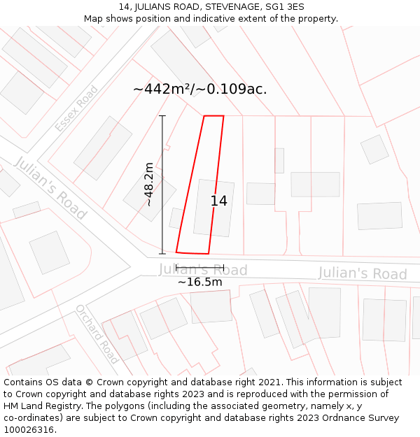 14, JULIANS ROAD, STEVENAGE, SG1 3ES: Plot and title map