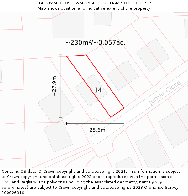 14, JUMAR CLOSE, WARSASH, SOUTHAMPTON, SO31 9JP: Plot and title map