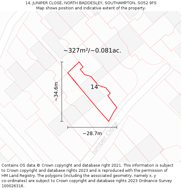 14, JUNIPER CLOSE, NORTH BADDESLEY, SOUTHAMPTON, SO52 9FS: Plot and title map