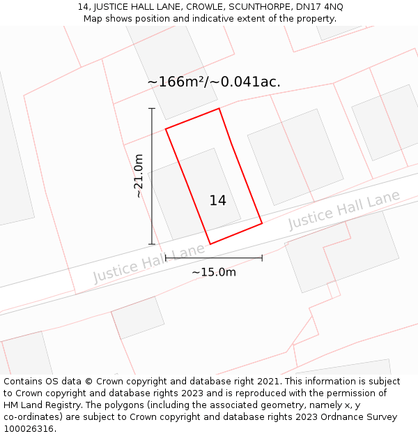 14, JUSTICE HALL LANE, CROWLE, SCUNTHORPE, DN17 4NQ: Plot and title map