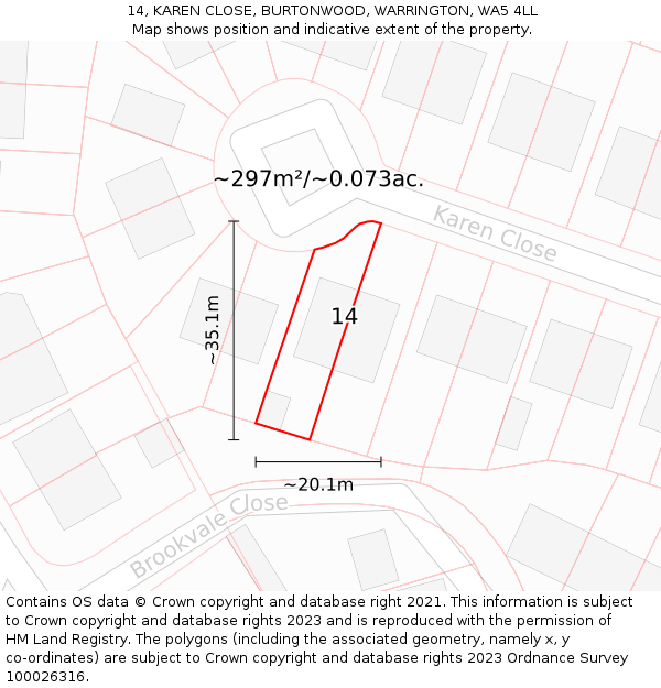 14, KAREN CLOSE, BURTONWOOD, WARRINGTON, WA5 4LL: Plot and title map