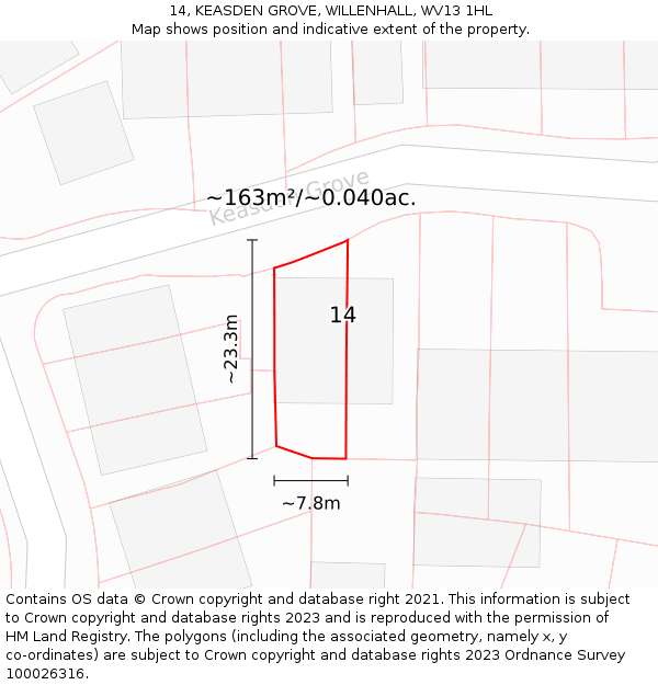 14, KEASDEN GROVE, WILLENHALL, WV13 1HL: Plot and title map