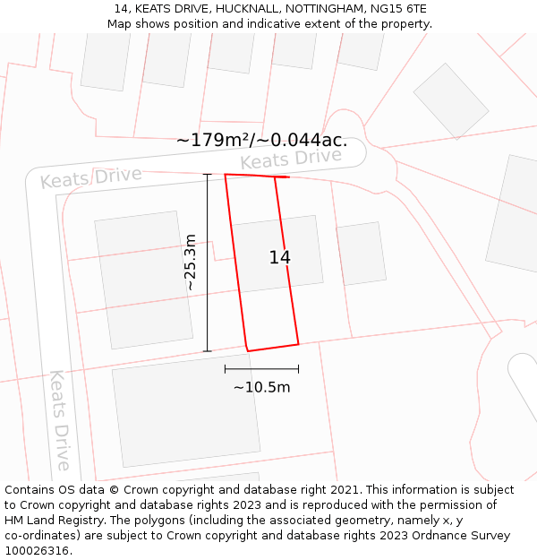 14, KEATS DRIVE, HUCKNALL, NOTTINGHAM, NG15 6TE: Plot and title map