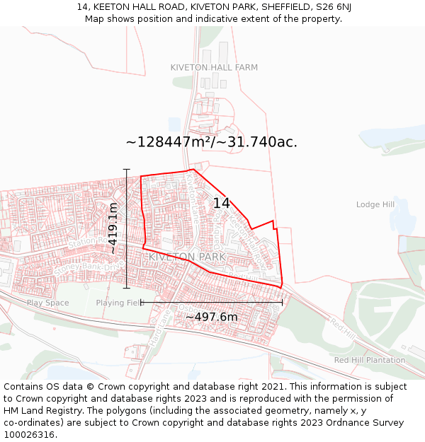 14, KEETON HALL ROAD, KIVETON PARK, SHEFFIELD, S26 6NJ: Plot and title map