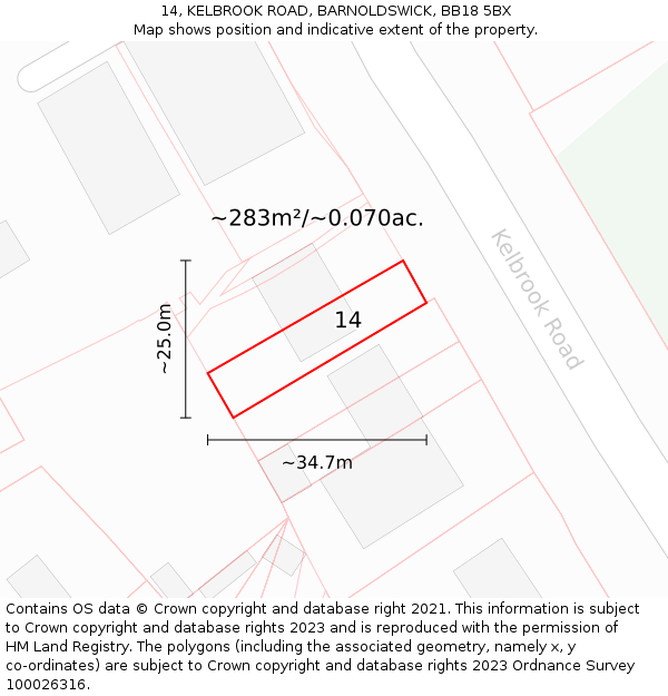 14, KELBROOK ROAD, BARNOLDSWICK, BB18 5BX: Plot and title map