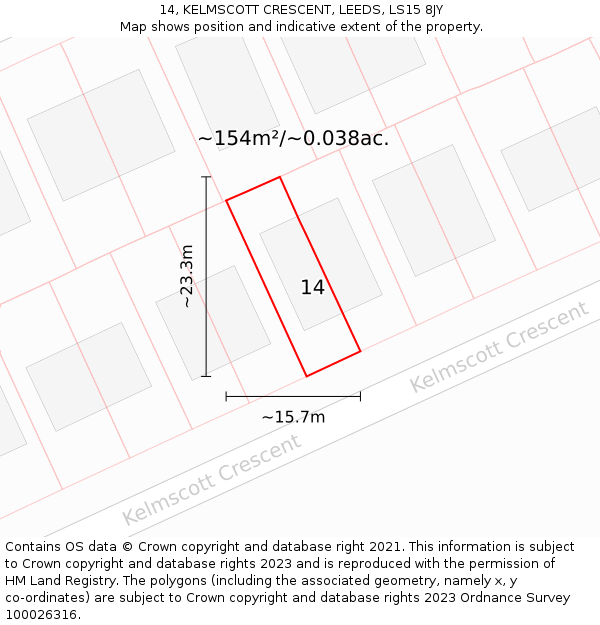 14, KELMSCOTT CRESCENT, LEEDS, LS15 8JY: Plot and title map