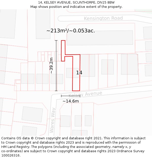 14, KELSEY AVENUE, SCUNTHORPE, DN15 8BW: Plot and title map