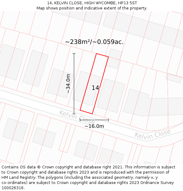 14, KELVIN CLOSE, HIGH WYCOMBE, HP13 5ST: Plot and title map