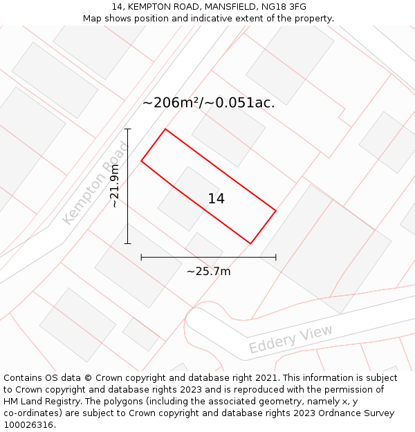 14, KEMPTON ROAD, MANSFIELD, NG18 3FG: Plot and title map