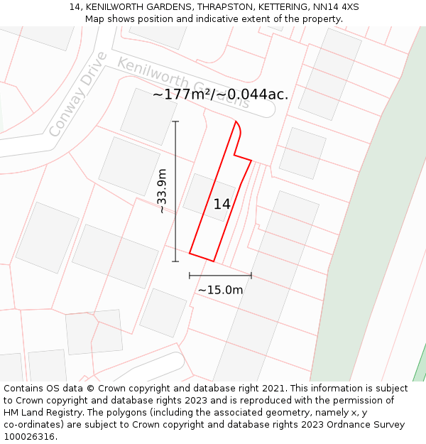 14, KENILWORTH GARDENS, THRAPSTON, KETTERING, NN14 4XS: Plot and title map