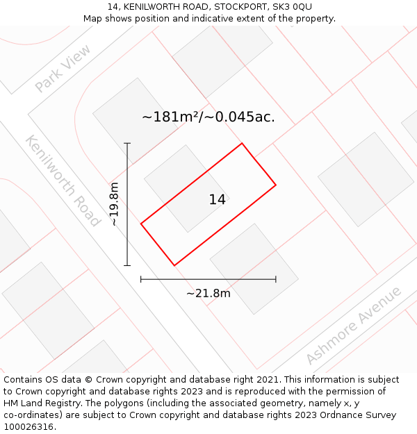 14, KENILWORTH ROAD, STOCKPORT, SK3 0QU: Plot and title map