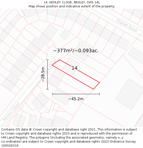 14, KENLEY CLOSE, BEXLEY, DA5 1AL: Plot and title map