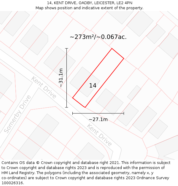14, KENT DRIVE, OADBY, LEICESTER, LE2 4PN: Plot and title map