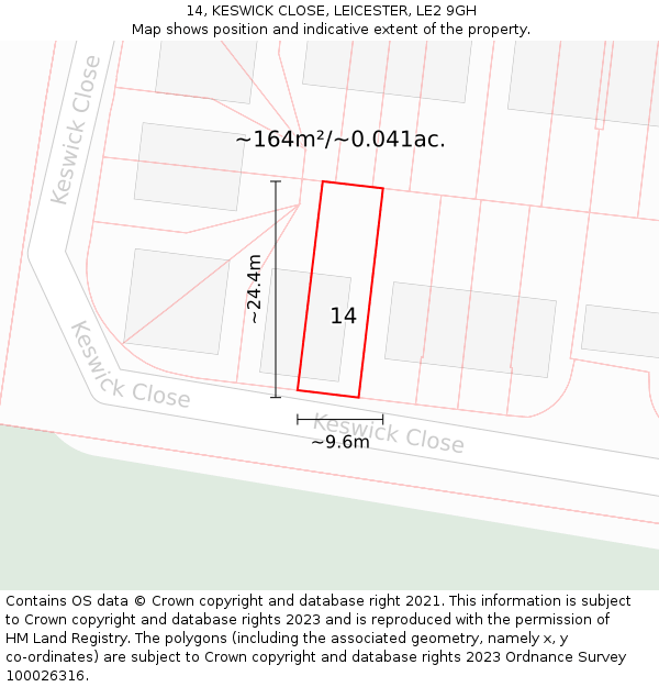 14, KESWICK CLOSE, LEICESTER, LE2 9GH: Plot and title map