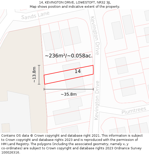 14, KEVINGTON DRIVE, LOWESTOFT, NR32 3JL: Plot and title map