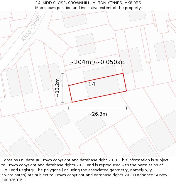 14, KIDD CLOSE, CROWNHILL, MILTON KEYNES, MK8 0BS: Plot and title map