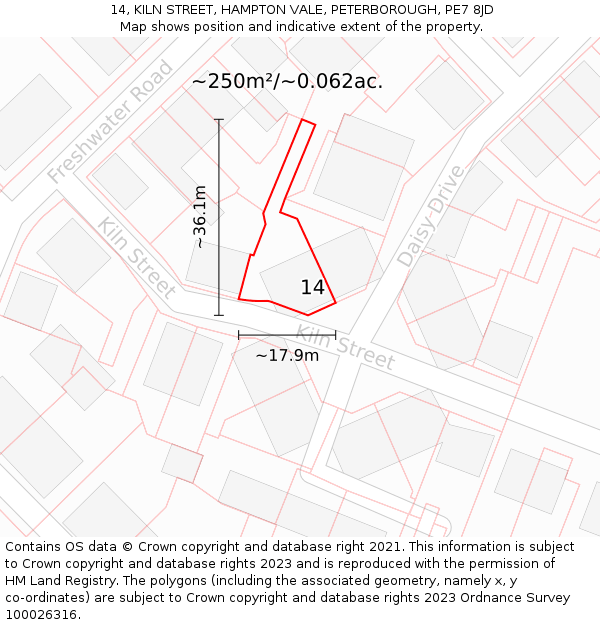 14, KILN STREET, HAMPTON VALE, PETERBOROUGH, PE7 8JD: Plot and title map
