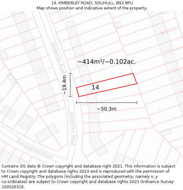 14, KIMBERLEY ROAD, SOLIHULL, B92 8PU: Plot and title map