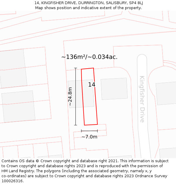 14, KINGFISHER DRIVE, DURRINGTON, SALISBURY, SP4 8LJ: Plot and title map