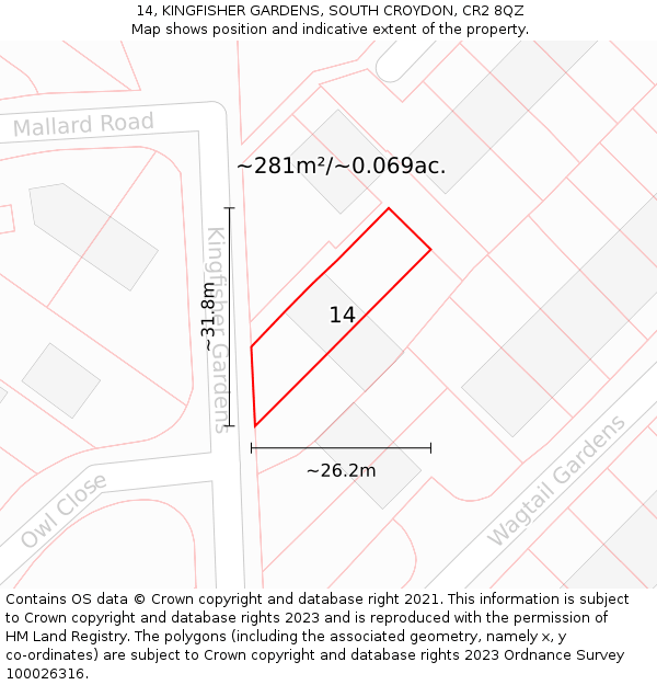 14, KINGFISHER GARDENS, SOUTH CROYDON, CR2 8QZ: Plot and title map