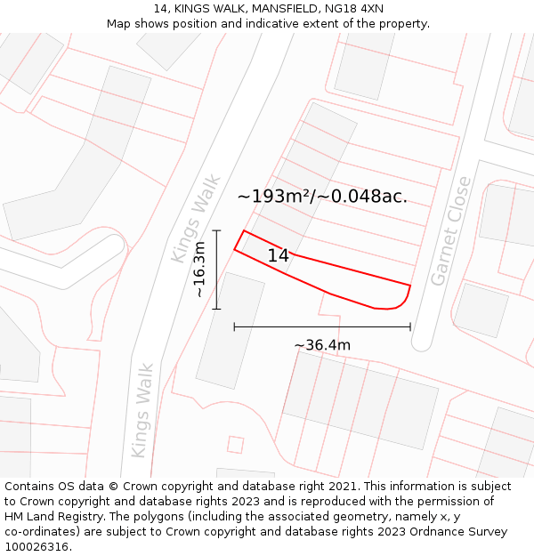 14, KINGS WALK, MANSFIELD, NG18 4XN: Plot and title map