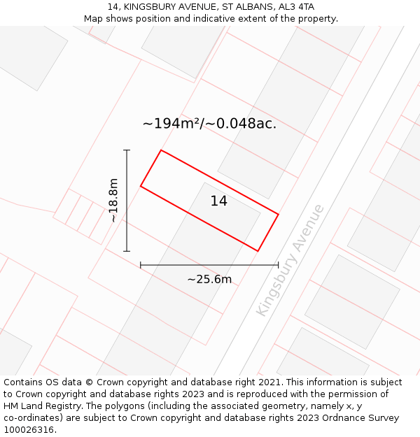 14, KINGSBURY AVENUE, ST ALBANS, AL3 4TA: Plot and title map
