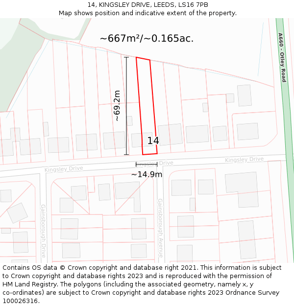 14, KINGSLEY DRIVE, LEEDS, LS16 7PB: Plot and title map
