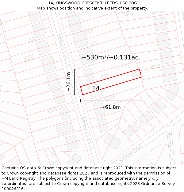 14, KINGSWOOD CRESCENT, LEEDS, LS8 2BG: Plot and title map