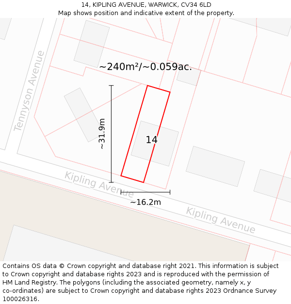 14, KIPLING AVENUE, WARWICK, CV34 6LD: Plot and title map