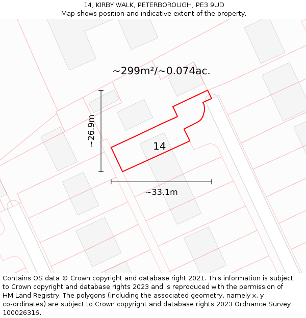 14, KIRBY WALK, PETERBOROUGH, PE3 9UD: Plot and title map
