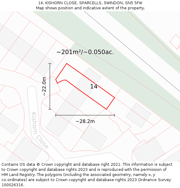 14, KISHORN CLOSE, SPARCELLS, SWINDON, SN5 5FW: Plot and title map