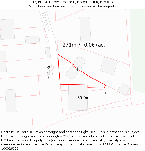 14, KIT LANE, OWERMOIGNE, DORCHESTER, DT2 8HP: Plot and title map