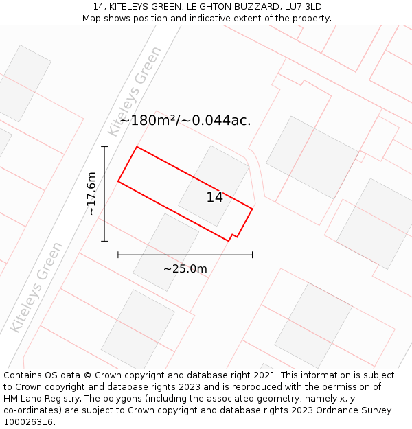 14, KITELEYS GREEN, LEIGHTON BUZZARD, LU7 3LD: Plot and title map