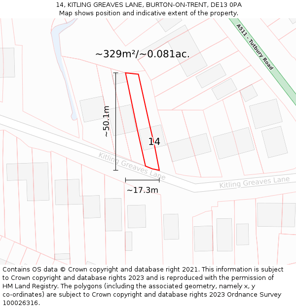 14, KITLING GREAVES LANE, BURTON-ON-TRENT, DE13 0PA: Plot and title map