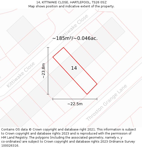 14, KITTIWAKE CLOSE, HARTLEPOOL, TS26 0SZ: Plot and title map