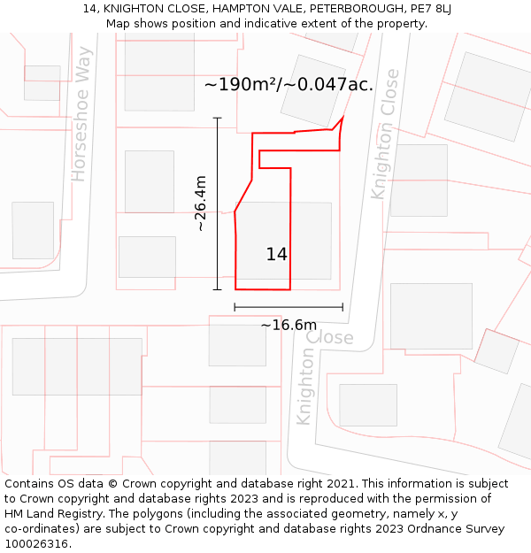 14, KNIGHTON CLOSE, HAMPTON VALE, PETERBOROUGH, PE7 8LJ: Plot and title map