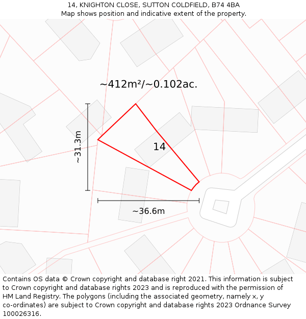 14, KNIGHTON CLOSE, SUTTON COLDFIELD, B74 4BA: Plot and title map