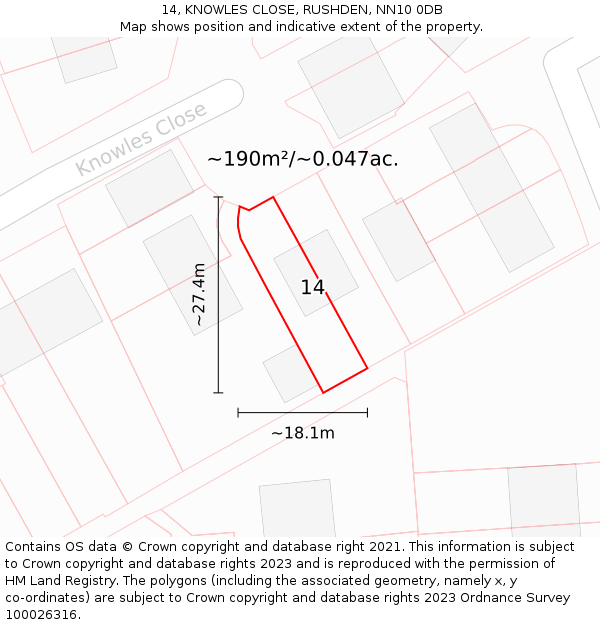 14, KNOWLES CLOSE, RUSHDEN, NN10 0DB: Plot and title map