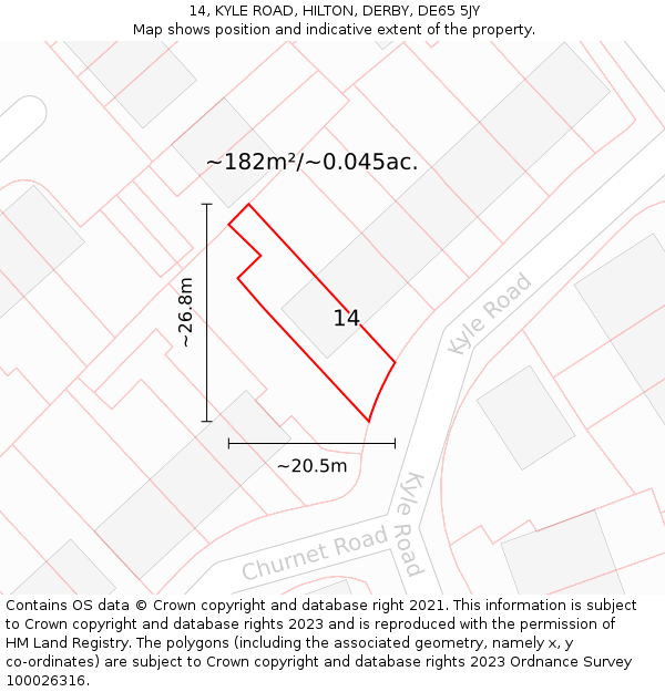 14, KYLE ROAD, HILTON, DERBY, DE65 5JY: Plot and title map
