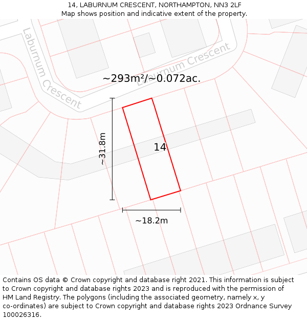 14, LABURNUM CRESCENT, NORTHAMPTON, NN3 2LF: Plot and title map