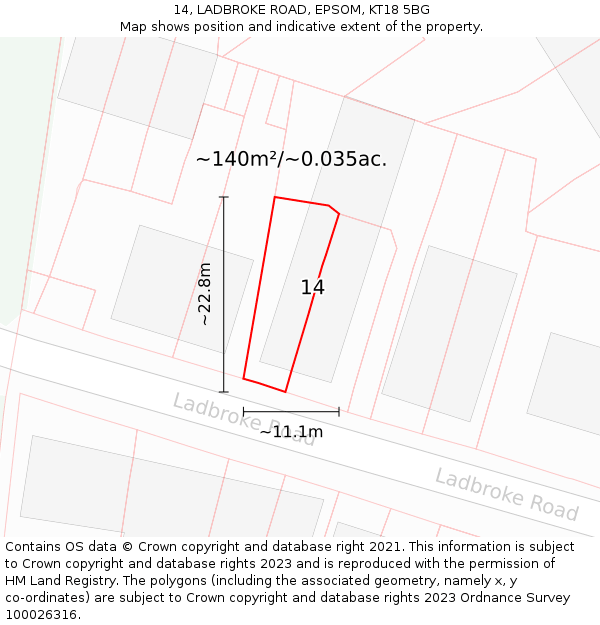 14, LADBROKE ROAD, EPSOM, KT18 5BG: Plot and title map