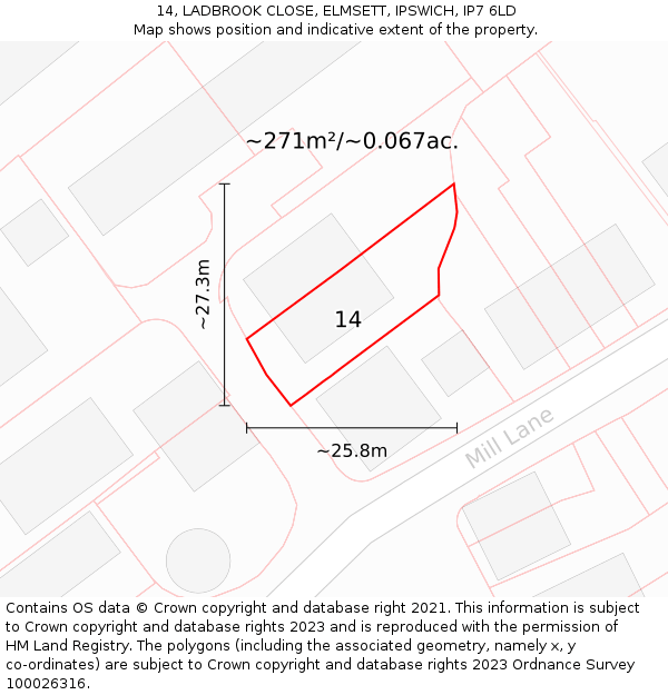 14, LADBROOK CLOSE, ELMSETT, IPSWICH, IP7 6LD: Plot and title map