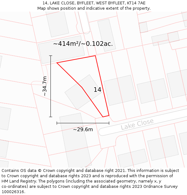 14, LAKE CLOSE, BYFLEET, WEST BYFLEET, KT14 7AE: Plot and title map