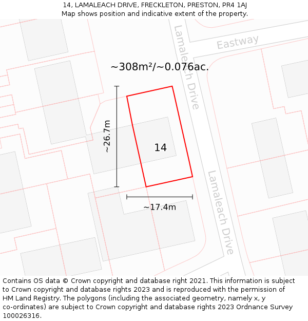 14, LAMALEACH DRIVE, FRECKLETON, PRESTON, PR4 1AJ: Plot and title map