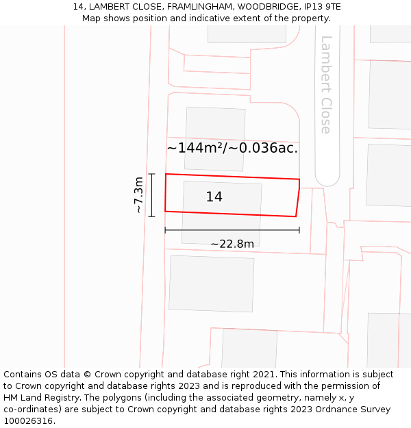 14, LAMBERT CLOSE, FRAMLINGHAM, WOODBRIDGE, IP13 9TE: Plot and title map