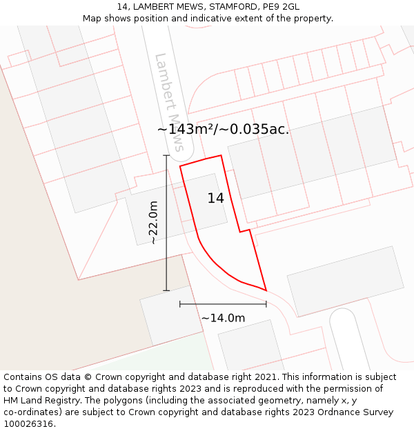 14, LAMBERT MEWS, STAMFORD, PE9 2GL: Plot and title map