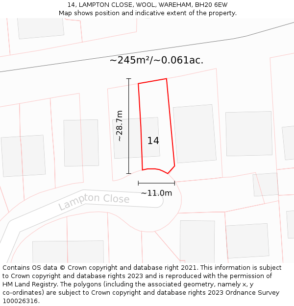 14, LAMPTON CLOSE, WOOL, WAREHAM, BH20 6EW: Plot and title map