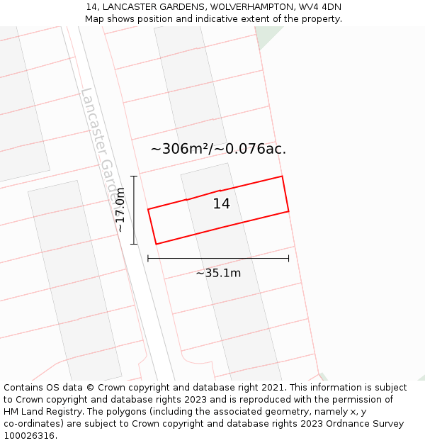 14, LANCASTER GARDENS, WOLVERHAMPTON, WV4 4DN: Plot and title map