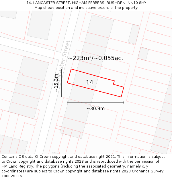 14, LANCASTER STREET, HIGHAM FERRERS, RUSHDEN, NN10 8HY: Plot and title map