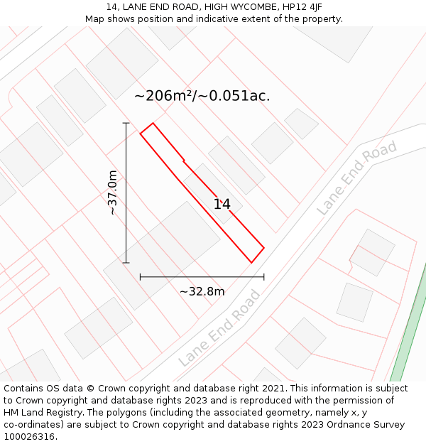 14, LANE END ROAD, HIGH WYCOMBE, HP12 4JF: Plot and title map